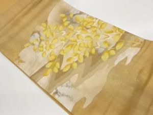 よろけ横段に葉模様織出し開き名古屋帯（額縁仕立て）